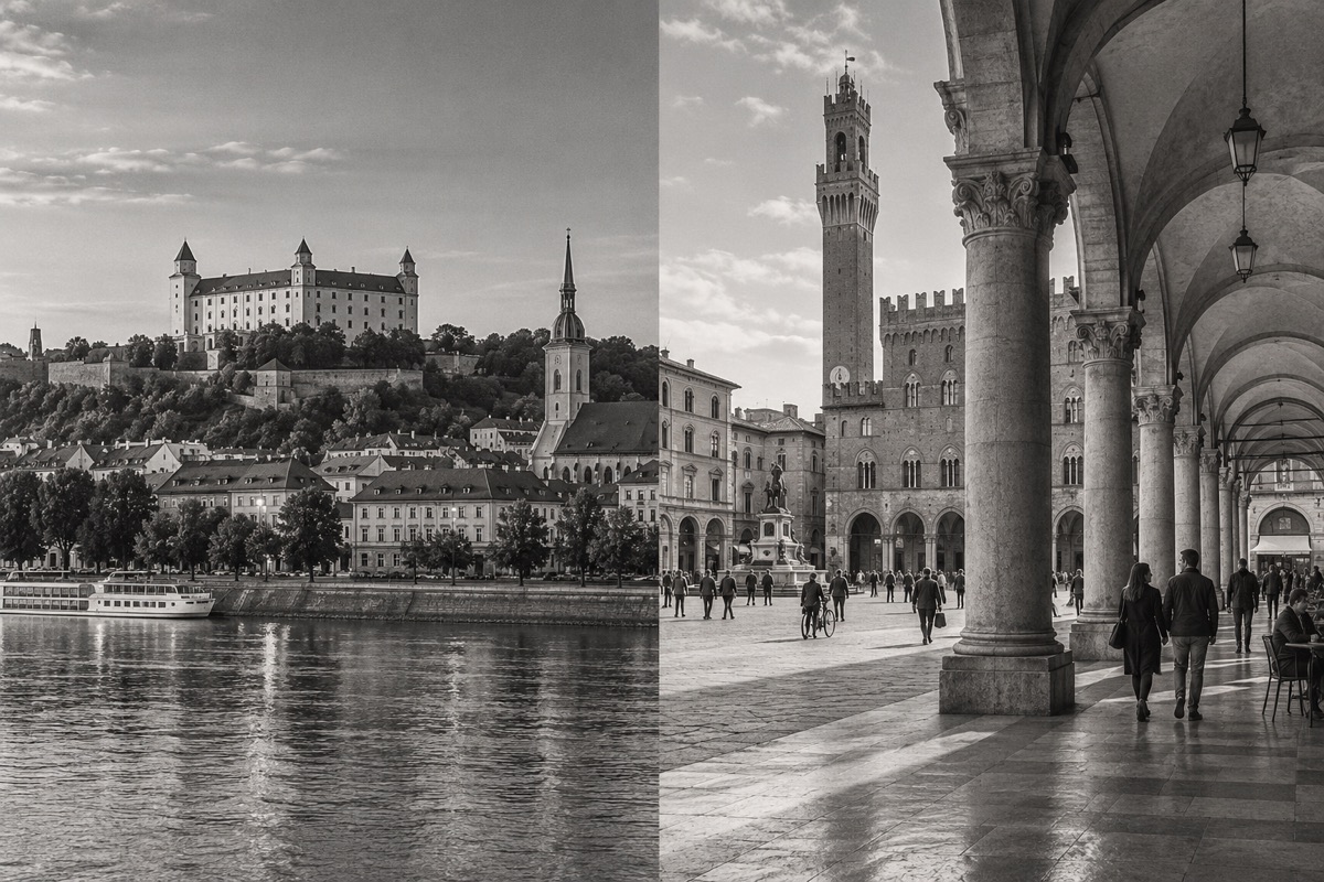 Representación conceptual en blanco y negro de Bratislava y una ciudad italiana