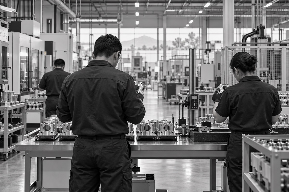 Personal revisa piezas en una línea de manufactura