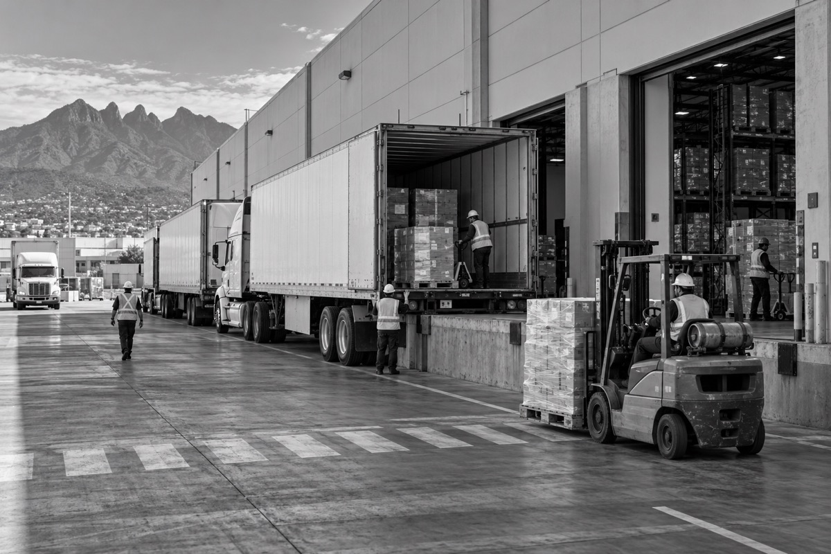 Centro logístico con vehículos de distribución
